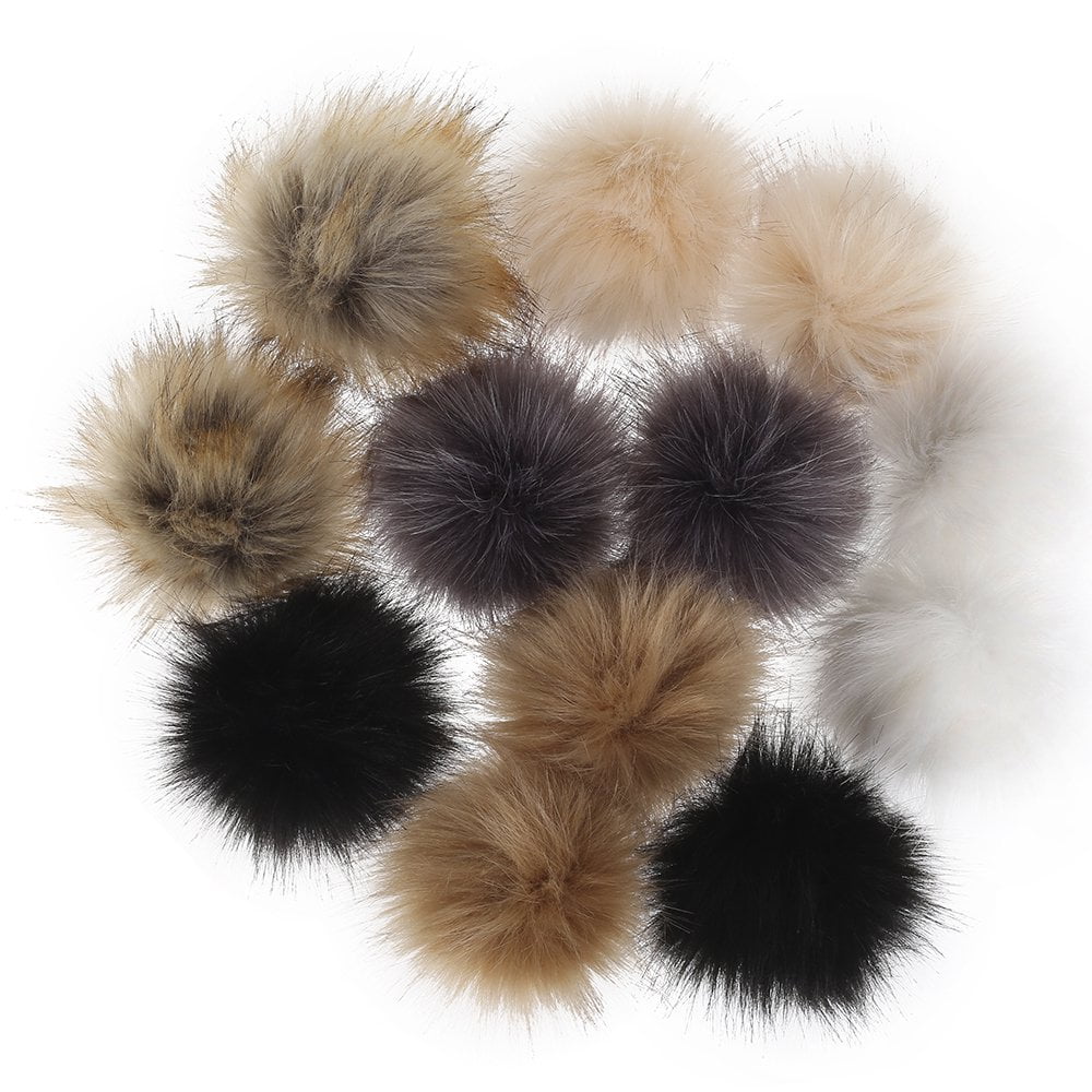 QJUHUNG 12Pcs Faux Fur Pom Poms for Hats 4 Inch Fluffy Pom Poms with  Elastic Loop for DIY Crafts 