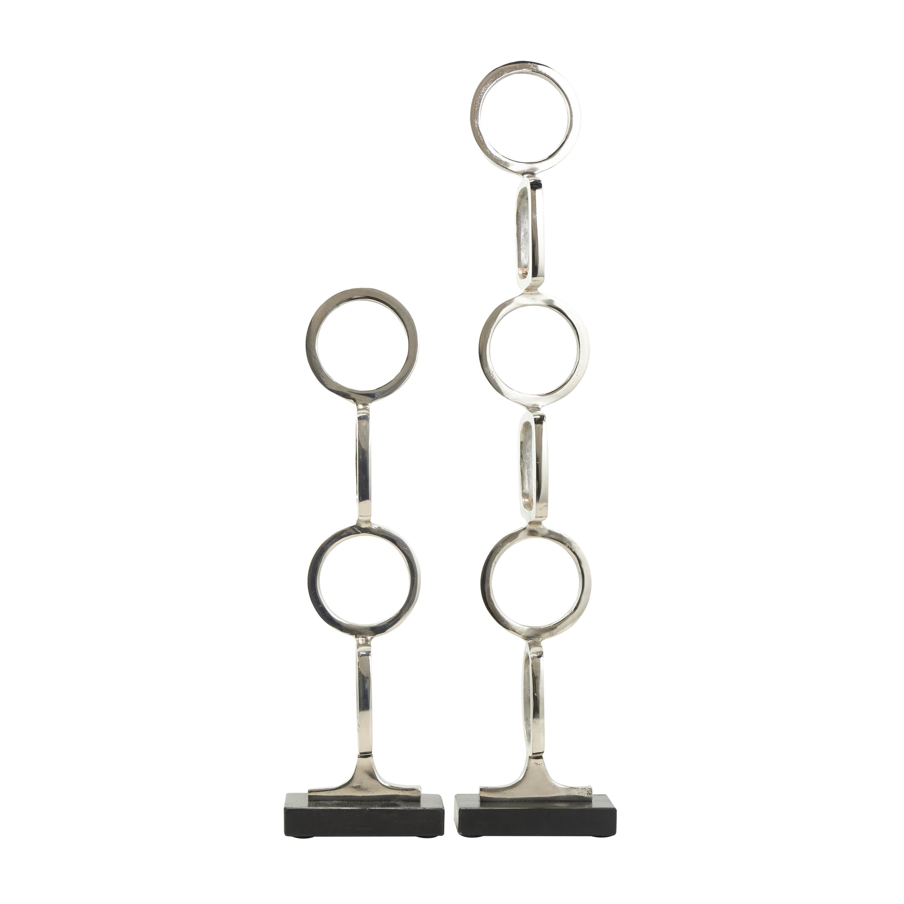 28", 19"H Silver Aluminum Metal Stacked Geometric Rings Abstract Sculpture with Black Marble Bases, by DecMode (2 Count)
