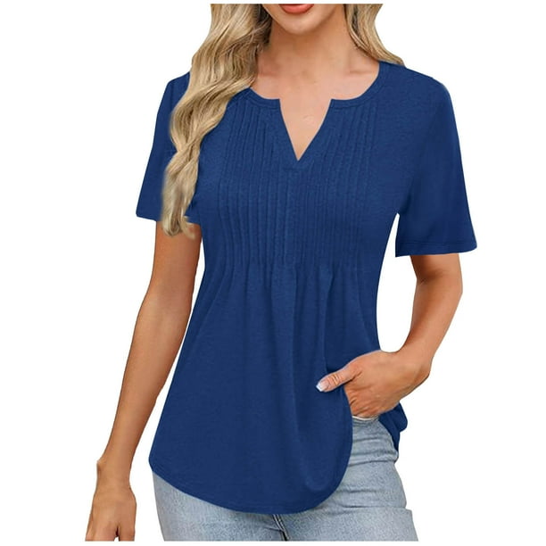 Camisas de Manga Corta para las Mujeres Casual Color Sólido Plisado V-Cuello Blusas, Moda Verano Top para Diario Y Fiesta