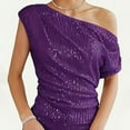 thumbnail image 6 of Purple Western Outfit for Women, Short Sleeve Womens Spring Tops 2024, Carnival Nylon Tshirts Shirts for Women, Women's One Shoulder Sequin Glitter Top Pleated Asymmetric Slim Fit Party Shirt, 6 of 9