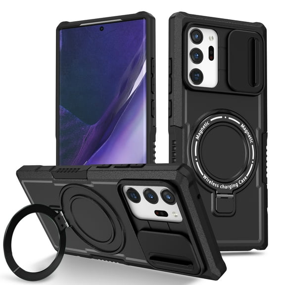 Phone Case for Samsung Galaxy Note 20 Ultra with Sliding Camera Cover, Hand Grip Anti Slip Design Kickstand Ring Holder Hybrid Magnetic Wireless Charging Phone Cover for Note 20 Ultra - Black