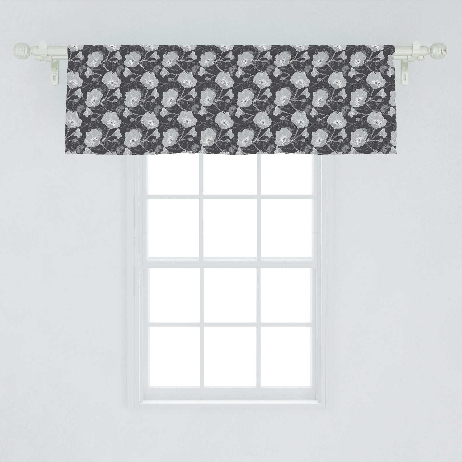 Floral Window Valance, Flourishing Victorian Poppies Silhouettes in