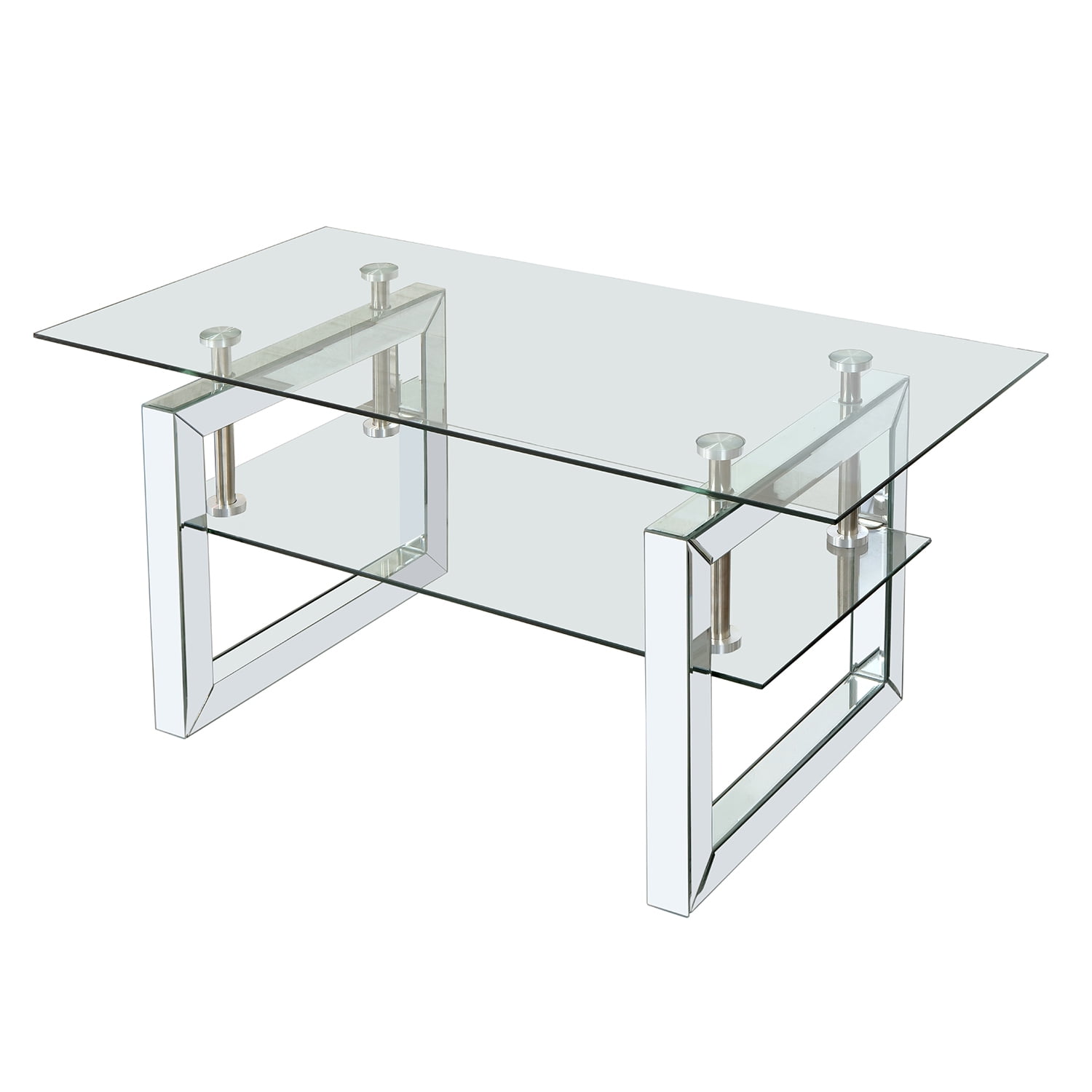 Kadyn Transparent Tempered Glass Coffee Table, Sofa Center Table with Lower Shelf and Metal Legs, Rectangle Tea Table for Living Room, Silver