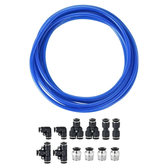 Uxcell 6mm OD PU Air Hose Tubing Kit 5 Meters Blue with 12 Pcs Push to Connect Fittings
