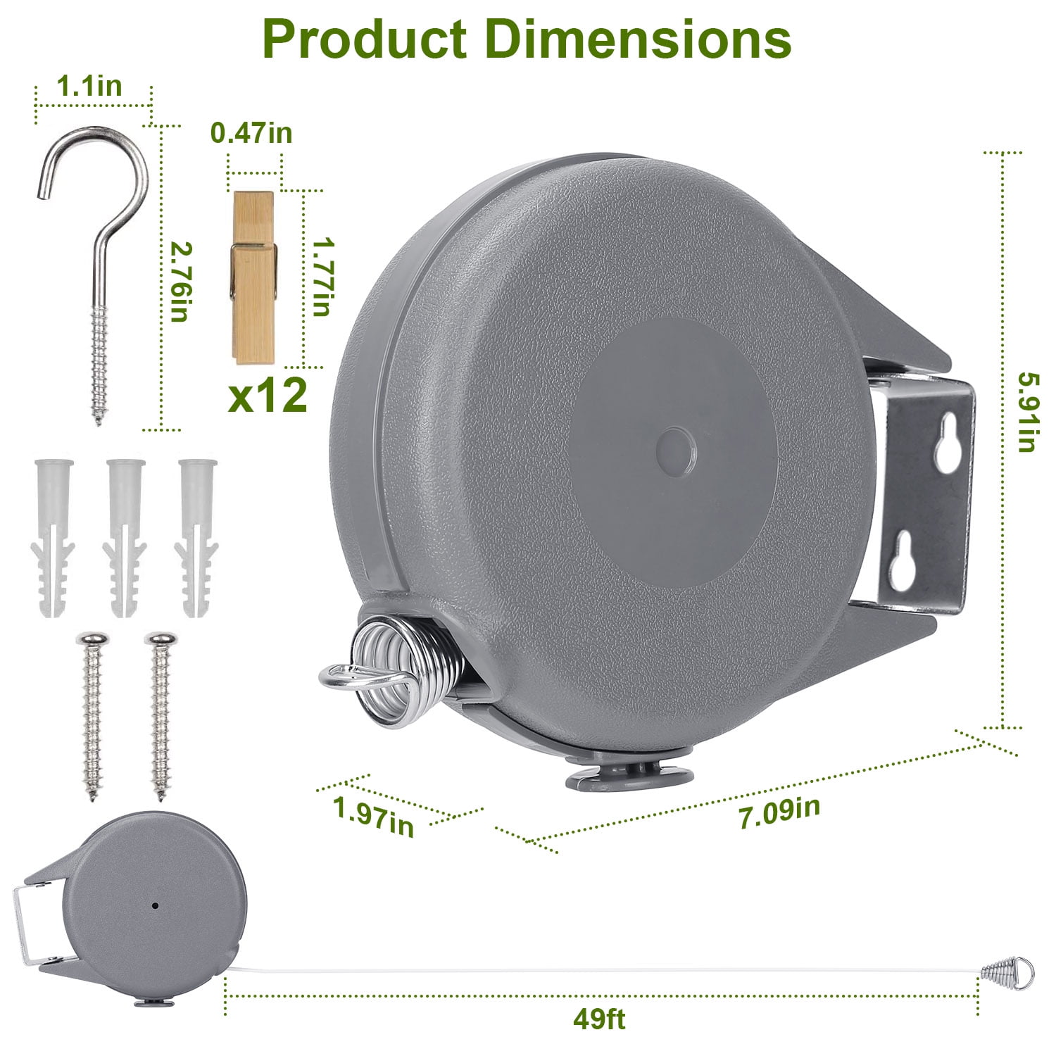 Retractable Clothesline, Portable Heavy Duty Indoor and Outdoor Washing Line, 49Ft PVC Retracting Clothes Line with Wall Mount Hang The Wet Dry Clothing Laundry (Grey)