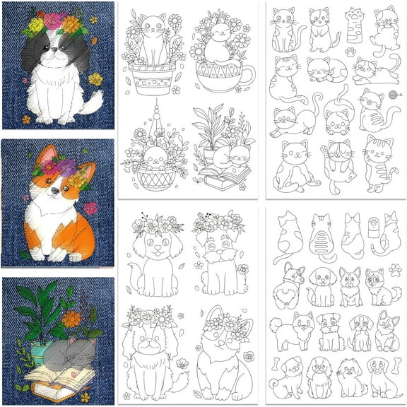 4Pcs 43Pcs Cats and Dog Water Soluble Stabilizer A4 Flower with Animal Embroidery Pattern Transfers for Hand Sewing Embroidery Stick and Stitch colorful