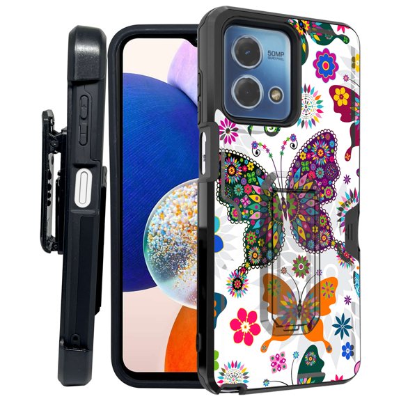 ANJ  Rugged Shockproof Kickstand Hybrid Case with Card Slot and Holster   Tempered Glass Cover for Motorola Moto G Stylus 5G (2023) - Tribal Butterfly