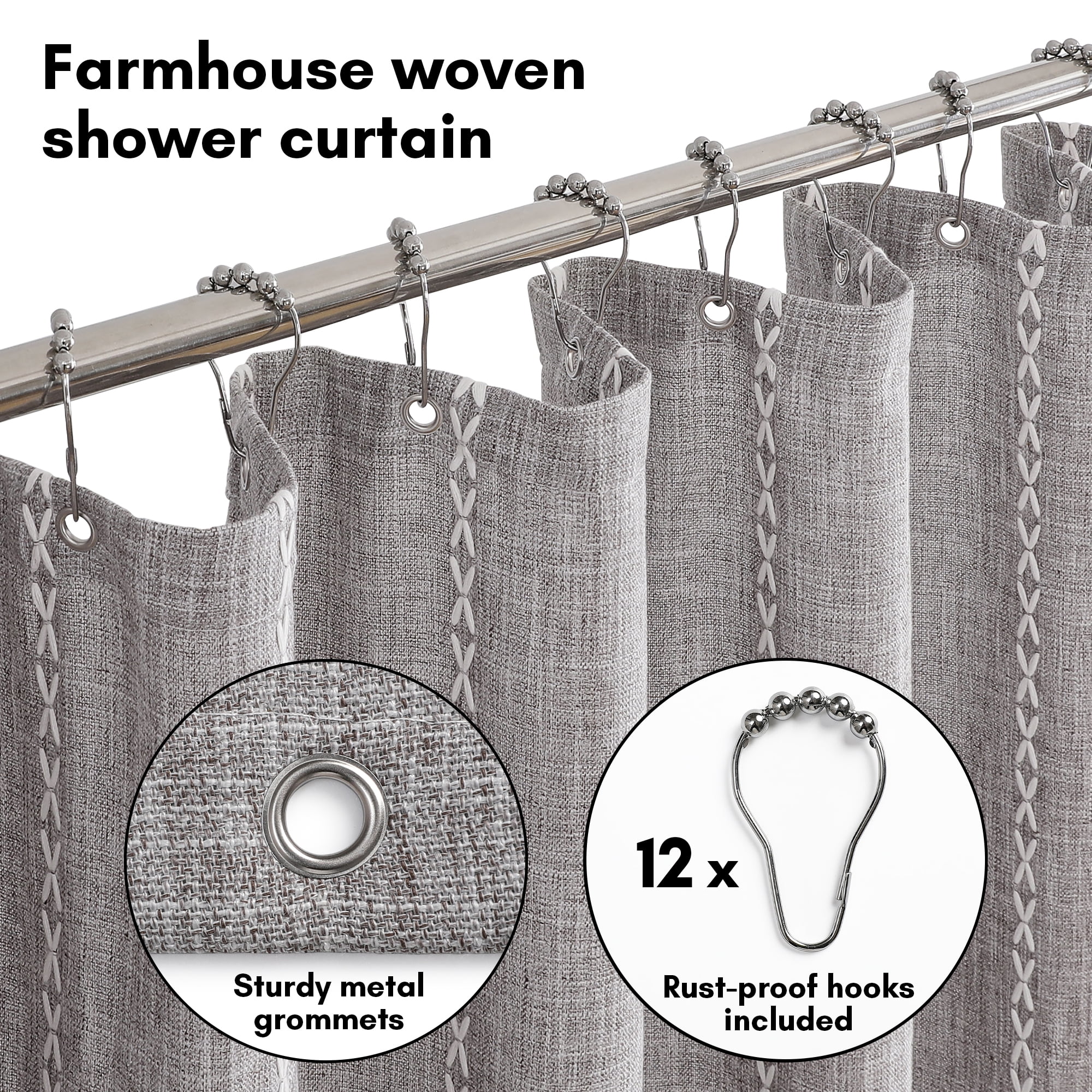 Americanflat 71x71 Woven Linen Gray Shower Curtain with Tassel Accents - Includes 12 Grommets and Hooks - 100% Polyester