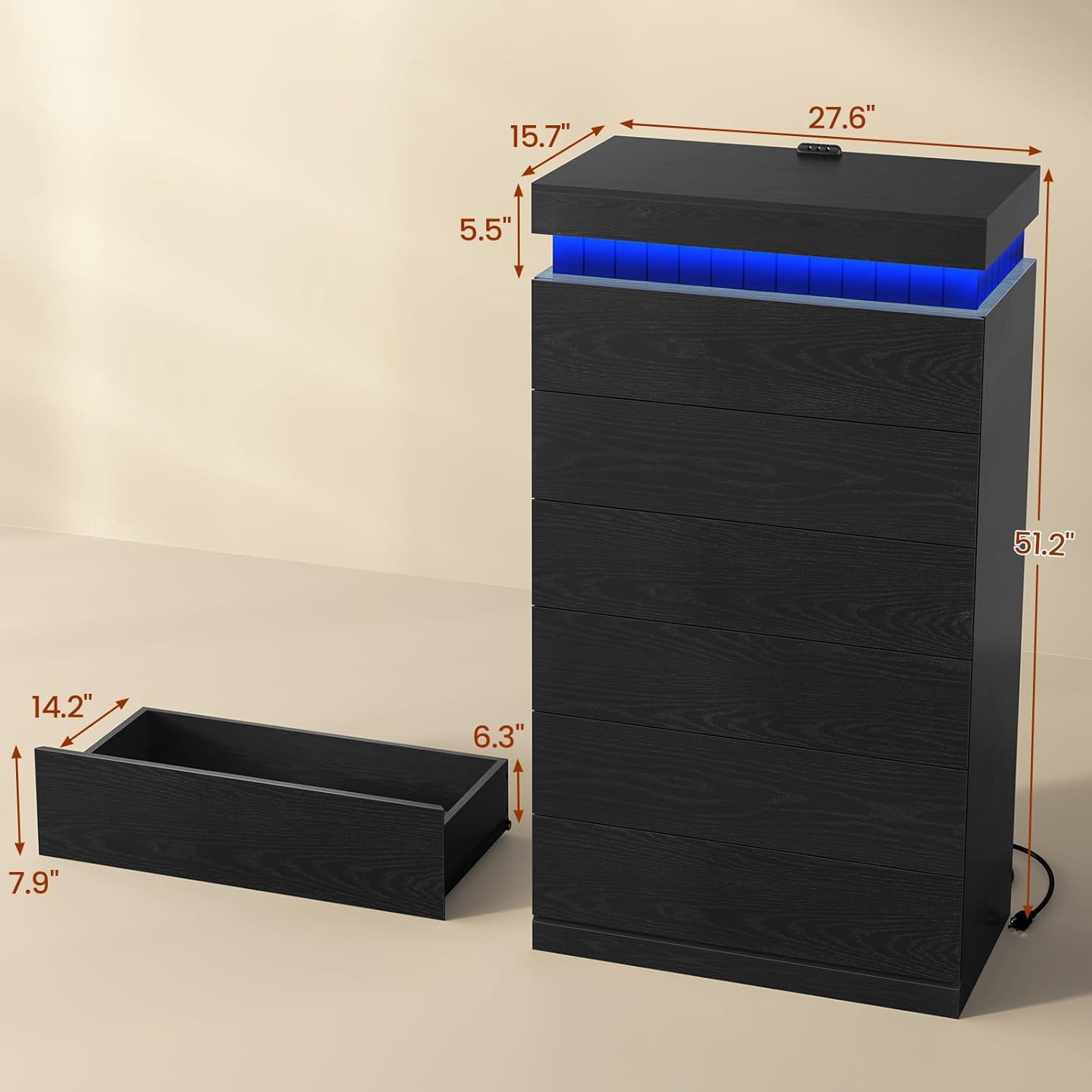 Modern Black 6 Drawer Dresser with Power Outlet & LED Lights, Wood Chest of Drawer Cabinet with Sliding Top, Floating Dressers for Bedroom, Living Room, Entryway, Weiplehoom