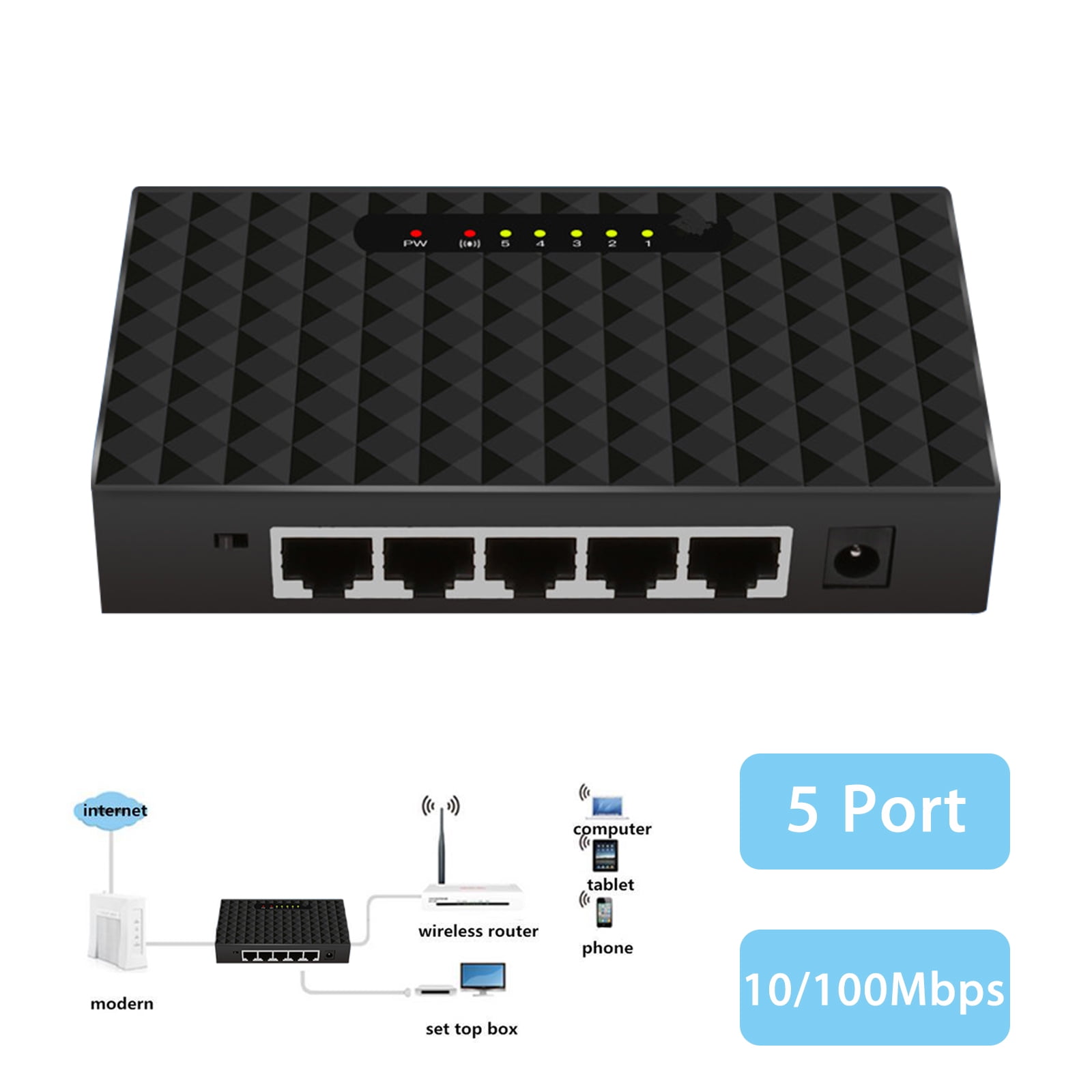 5 Port Ethernet Switch LAN Splitter Fast Network Hub 10//100Mbps Desktop Splitter