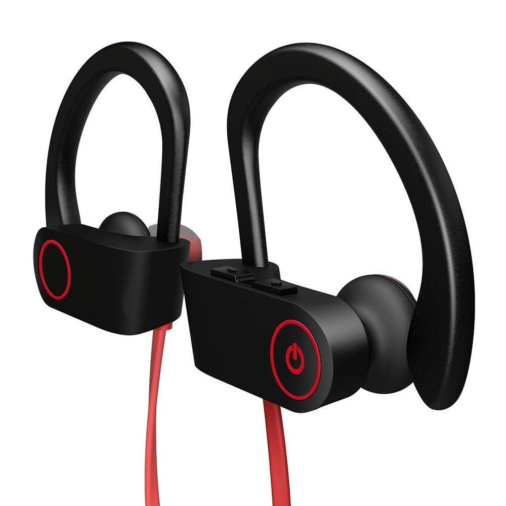 Best Waterproof Wireless Sport Earphones w/Mic,Bluetooth 5.0 Bluetooth Headphones Black-Red HiFi Stereo Sweatproof in-Ear Earbuds for Running Gym Workout 8 Hour Noise Cancelling Headsets 