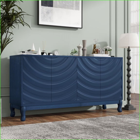 Sideboard, Navy Blue 4-Door Modern Wavy Design, 60” W MDF Solid Wood | Adjustable Shelves | Rebound Devices