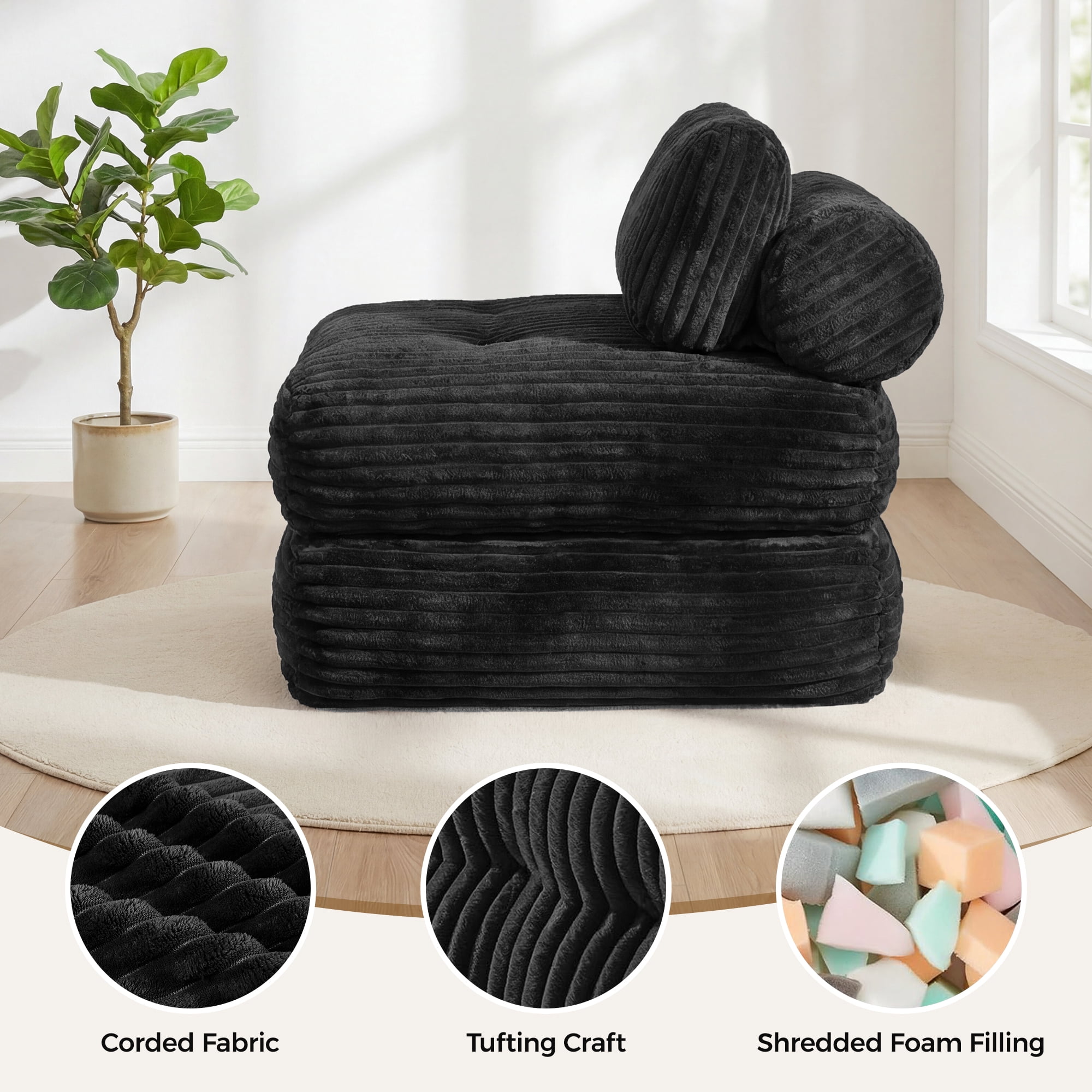 Neche Single Corduroy Convertible Sleeper Sofa - Folding, Pillow Included, Back Support, Portable for Living Room & Bedroom, Black