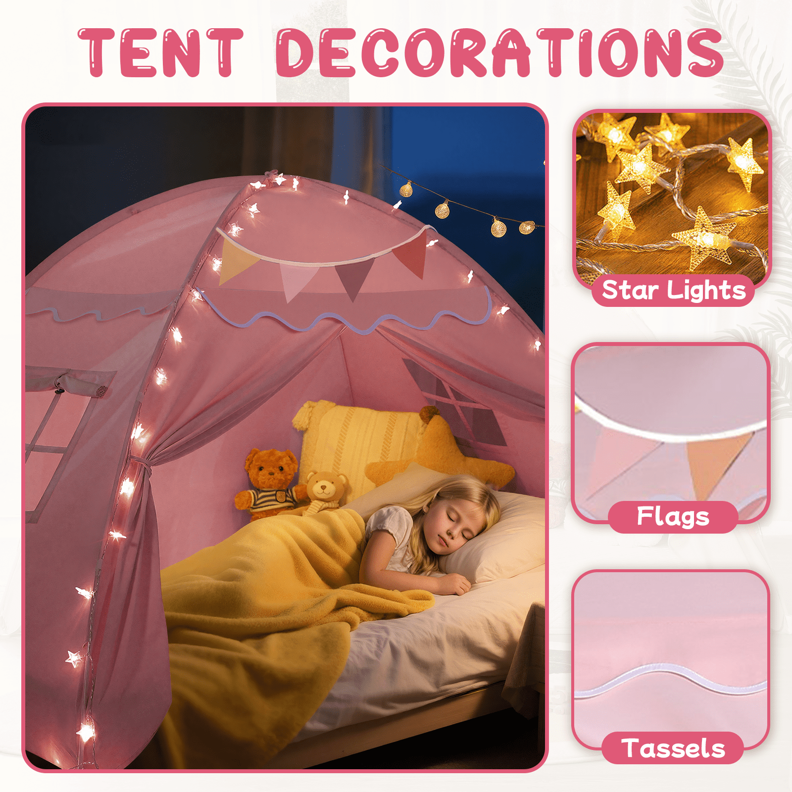 SweHouse Toddler Bed Canopy Lights & Flags Sleeping Playhouse Tent, Portable Indoor Privacy Play Space. Foldable Drafty Room Tent for Boys & Girls, Kids Birthday Gifts Golden Beige Large Size (Pink)
