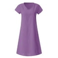 thumbnail image 4 of CHOK Mode Femmes Ample Col en V Été Uni Manches Courtes Robe en Coton et Lin Printemps Été Robes pour Femmes Bleu TG, 4 of 5
