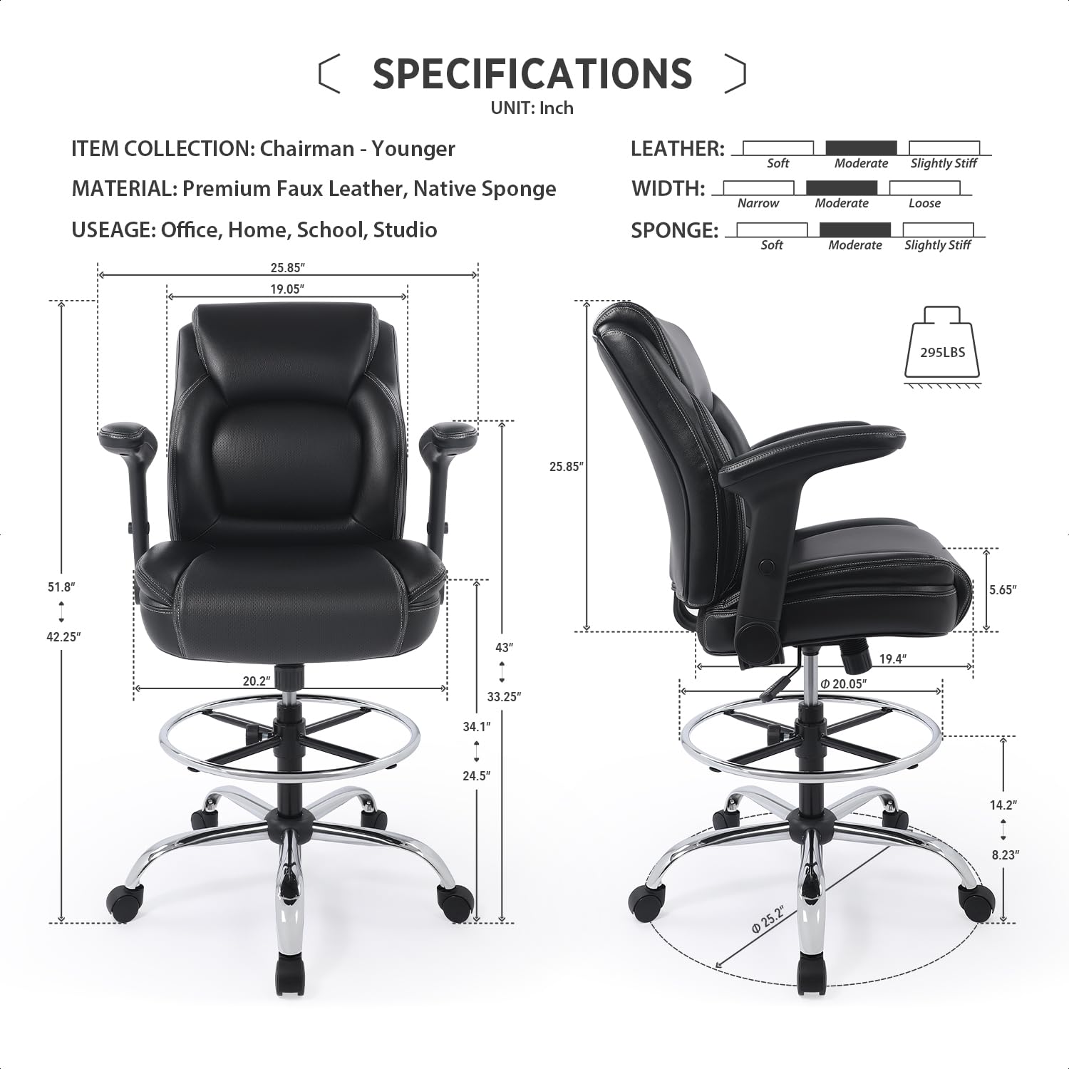 CHAIRMAN® Ergonomic Mid-Back Bonded Leather Adjustable Drafting Chair with Multi-Function Arms and Foot Ring, Standing-Desk Matched Tall Swivel Computer Office Stool, Black