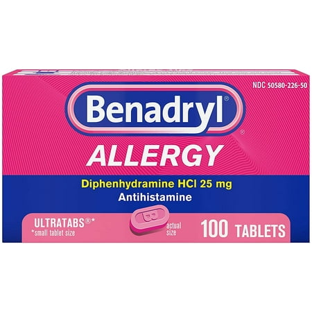 Benadryl Ultratabs Antihistamine Allergy Relief Medicine, Diphenhydramine HCl Tablets for Relief of Cold & Allergy Symptoms Such as Sneezing, Runny Nose, & Itchy Eyes & Throat, 100 ct