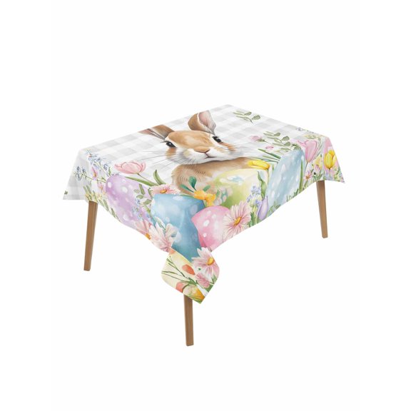 Easter Rectangle Tablecloth, Spring Rabbit Eggs Blooms Flowers Leaf Grey Plaid Waterproof & StainResistant Tablecloth, Washable Oil-proof Table Cover for Dining/Party/Wedding/Camping/Buffet 60x102 In