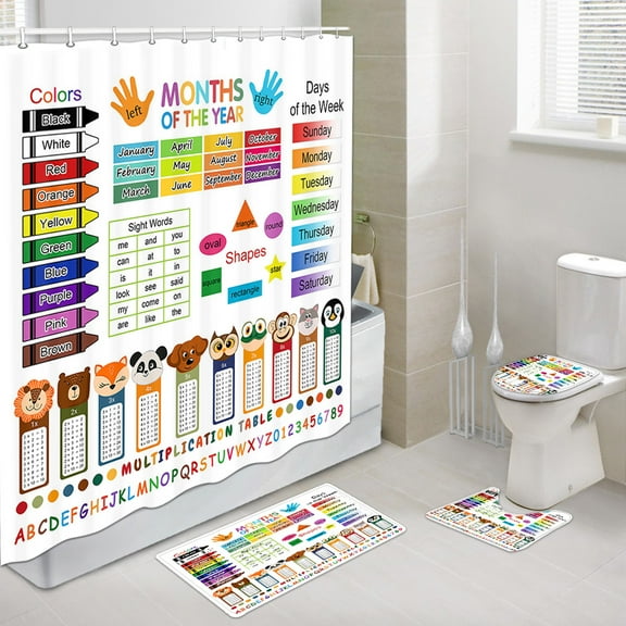 Kids Educational Bathroom Shower Curtain Set with Toilet Lid Cover and Non-Slip Rugs, Baby Cartoon Theme Colorful Multiplication Table 4 Pcs Shower Curtain Set Decor Accessories with Hooks,72X72in