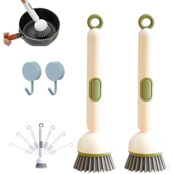 Adjustable Cleaning Brush with Liquid Dispenser, Dish Brushes with Soap Dispenser, Kitchen Dish Scrubber Brushes with Handle, 6-Level Adjustable, Smooth Soap Dispensing, for Cookware Cleanin (Green)