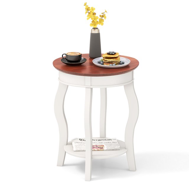 Patiojoy 2-Tier Round End Table Floor Tea Table with Solid Rubber Wood Legs White & Walnut