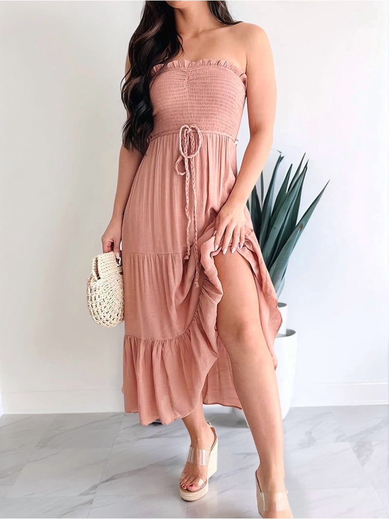 coral maxi dress casual plus summer maxi dress Plus Size Smocked Tie Front Maxi Dress, Coral, 3X