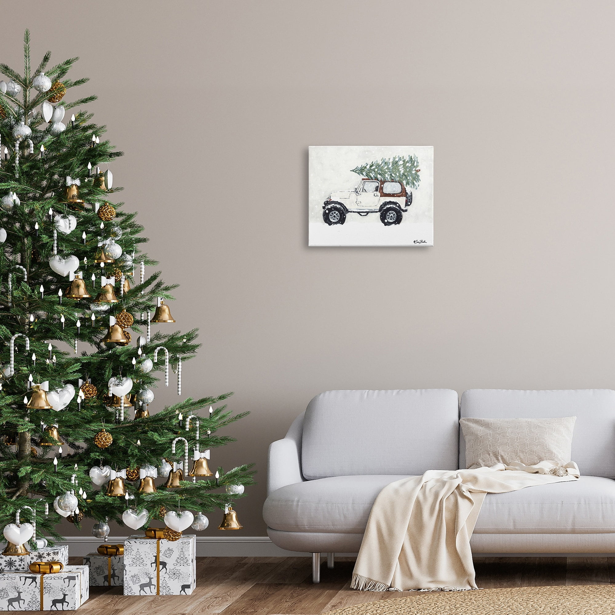 Snowy White Truck Carrying Fresh Christmas Tree Transportation Painting Gallery-Wrapped Canvas Print Wall Art
