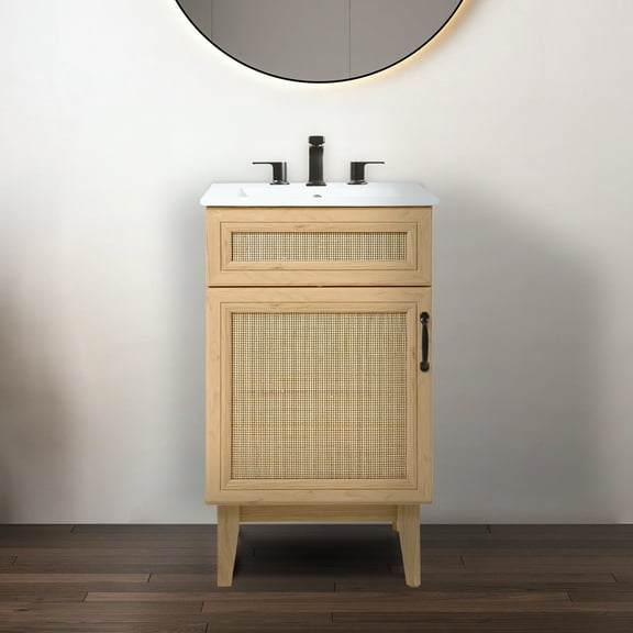 JONATHAN Y Javer 20 in. W x 18 in. D x 33 in. H, Rattan 2-Shelf, Bath Vanity Cabinet ONLY, Oak, VAN1008A
