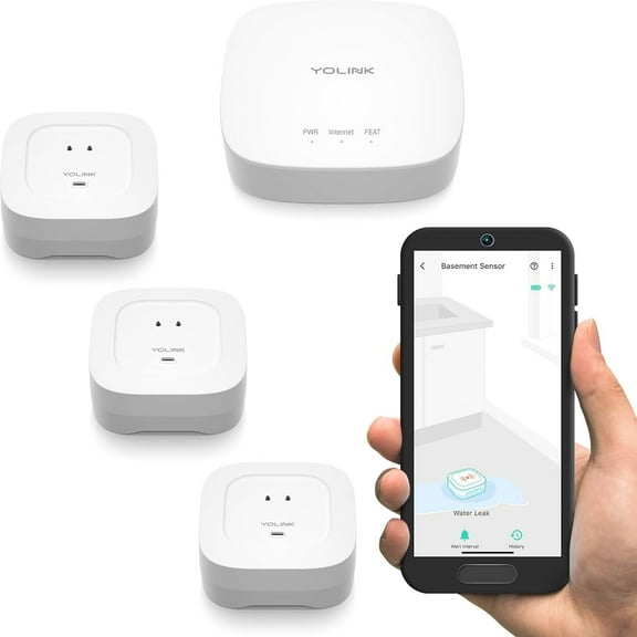 YoLink Smart Home Starter Kit: Hub & Water Leak Sensor 4 with 105dB Audio Alarm 3-Pack, SMS/Text, Email & Push Notifications, Freeze Warning, LoRa Up to 1/4 Mile Open-Air Range, w/Alexa, IFTTT