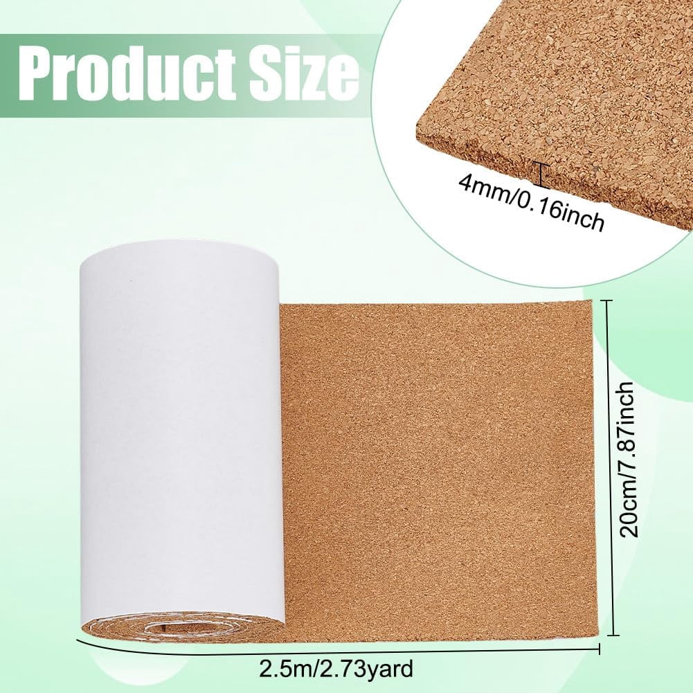 98x7.8inch Self Adhesive Cork Roll Bulletin Board Roll DIY Cork Material (4mm Thick) Easy-Cut Self-Stick Surface for Home Decor Handmade Crafts Wall Art
