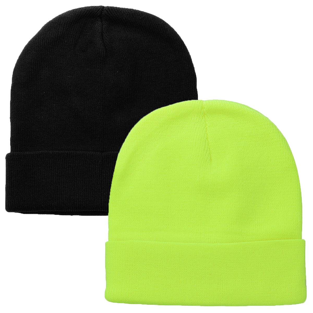 Neon Green Beanie Plain Knit Ski Hat Skull Cap Cuff Warm Winter Blank Unisex New 