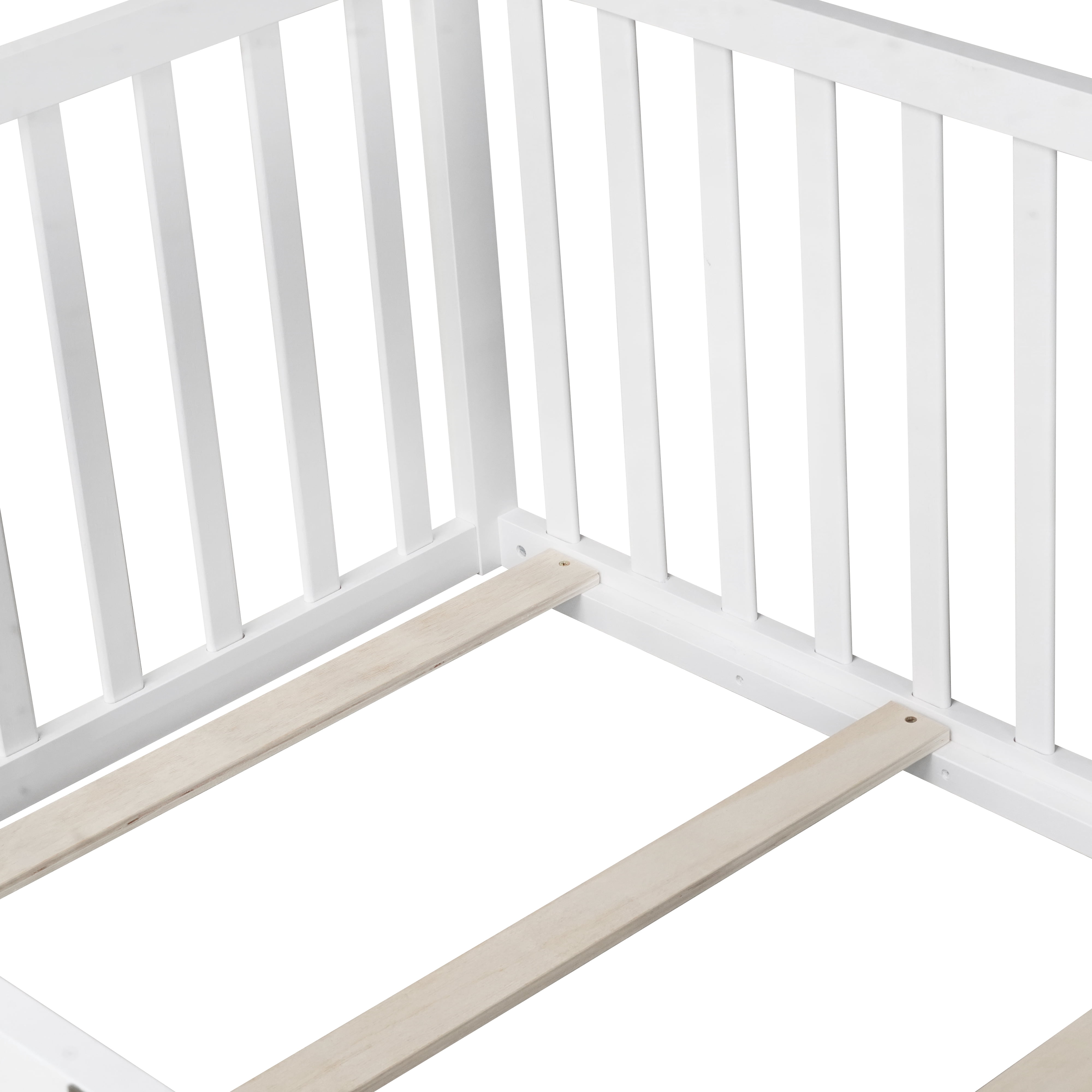Miniyam Twin Size Floor Bed with High Safety Fence for Kids, White