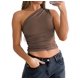 thumbnail image 3 of Blusa Asimétrica de Punto Fruncido con un Hombro Al Descubierto para Mujer, Estilo Y2K, Verano 2025 Marrón L, 3 of 10