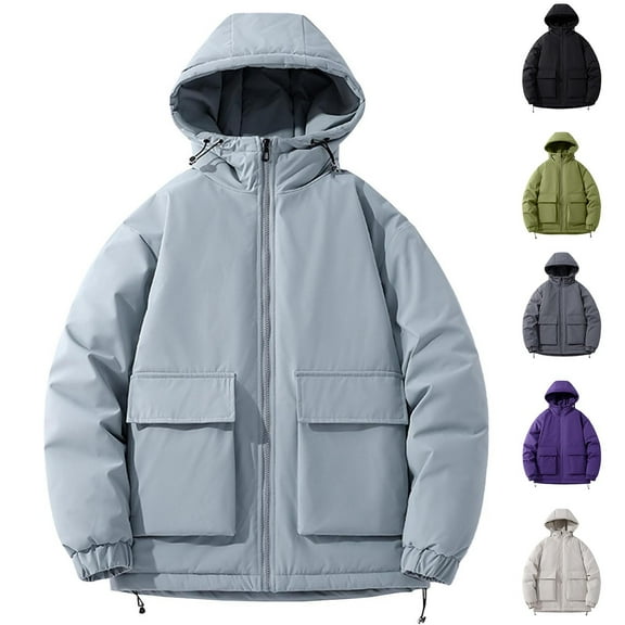 XUNKUSGA Ski Jacket Short Cotton Padded Puffer Jacket Oversized Solid Full Zipper Simple Winter Snow Coat Windproof Water Resistant Casual Hooded Winter Coats for Men M-4XL Blue