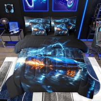 Feelyou Speed Sports Lover Bedding Comforter Set 7 Pieces for Kid, Fashion Automobile Full Bedding Set, Neon Blue Lightning Reversible Fitted Sheet Flat Sheet, Luxury Bedroom Decor