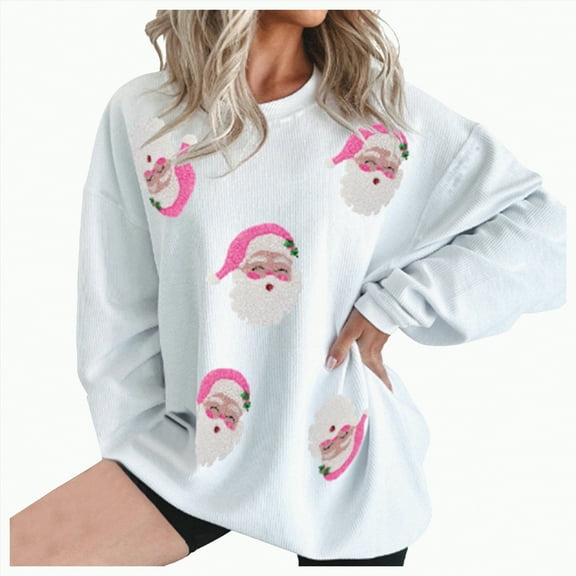 Futezty Women's White Ribbed Sequin Santa Graphic Christmas Sweatshirt Trendy Outfits 2024 Fall Clothes
