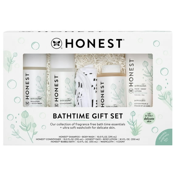 The Honest Company Fragrance Free Bathtime Gift Set | Hypoallergenic Bath Essentials for Sensitive Skin | Shampoo + Body Wash, Face + Body Lotion, Bubble Bath, Conditioner, Wash