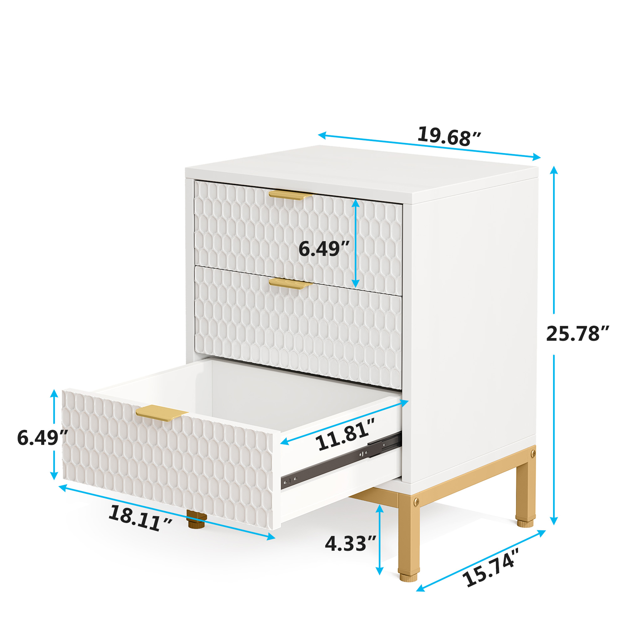 MAYEERTY Tall White Nightstand with 3 Glide Drawers, Honeycomb Hexagon Pattern & Gold Metal Base