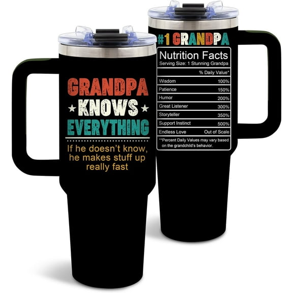 Grandpa Knows Everything Tumbler 40oz - Funny Gift from Grandkids - Stainless Steel Cup with Handle - Birthday Christmas Present