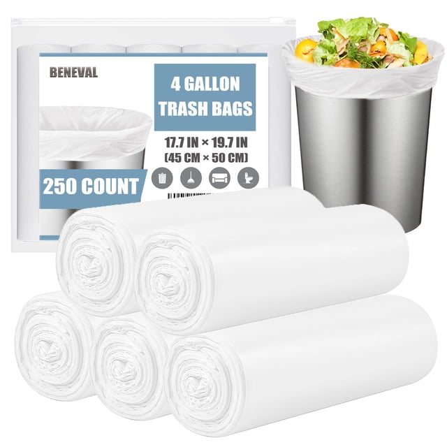 Bolsas de basura BENEVAL, 15 litros, 4 galones, 250 unidades, sin perfume, transparentes