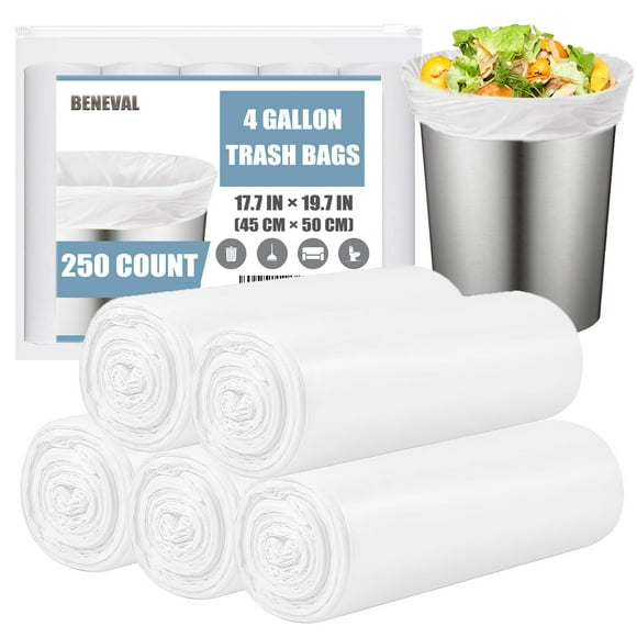 Bolsas de basura BENEVAL, 15 litros, 4 galones, 250 unidades, sin perfume, transparentes