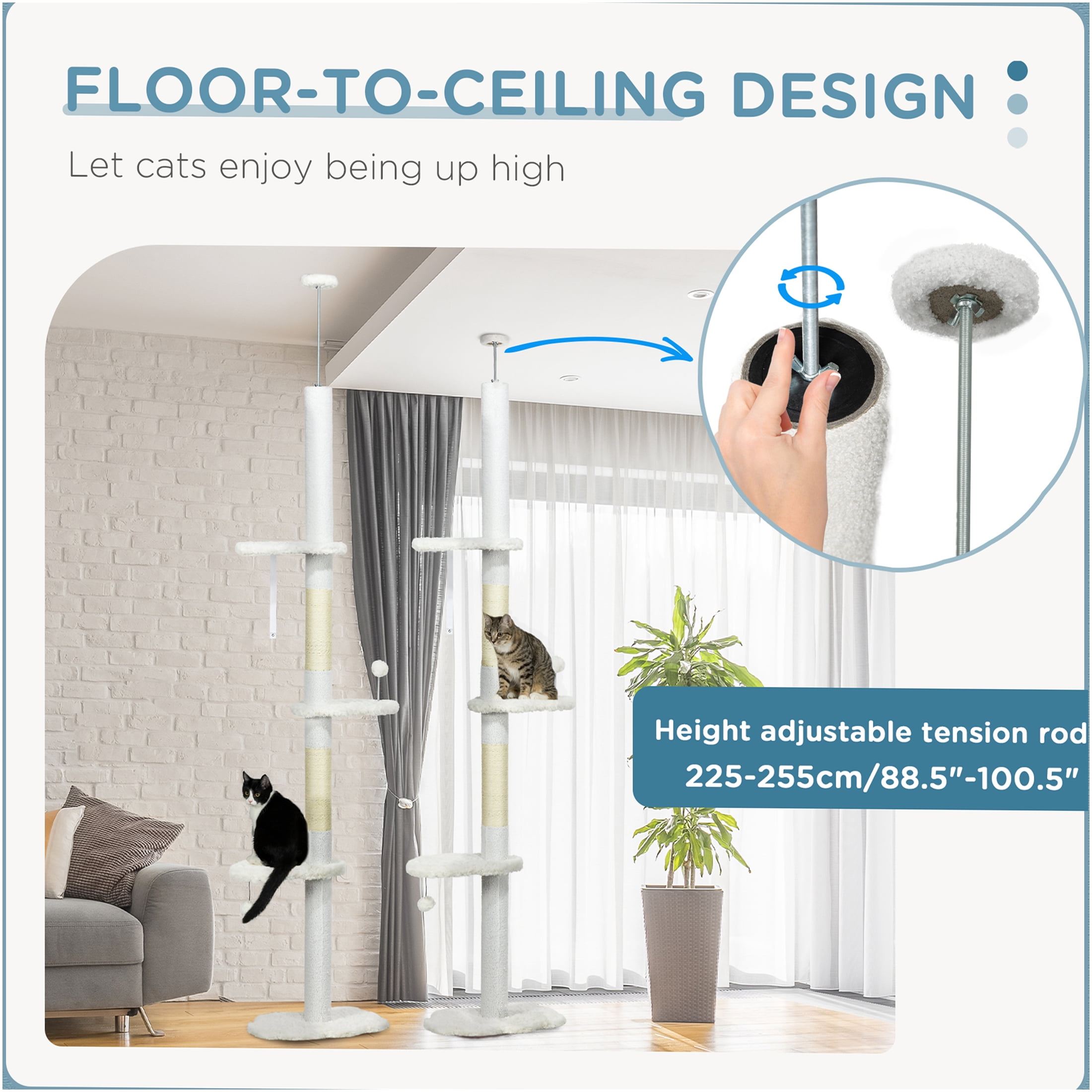 JERFIT Adjustable Floor to Ceiling Cat Tree, 88.5"-100.5" Tall Cat Tower with Scratching Posts, Cloud Perches, Hanging Toys & Anti-Tip Safety Wall Mount for Indoor Cats, White