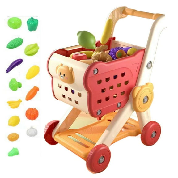 Kids Shopping Cart Trolley Play Set with Pretend Food and Accessories,Perfect for Ages 3 Pretend Play and Role-Playing Games