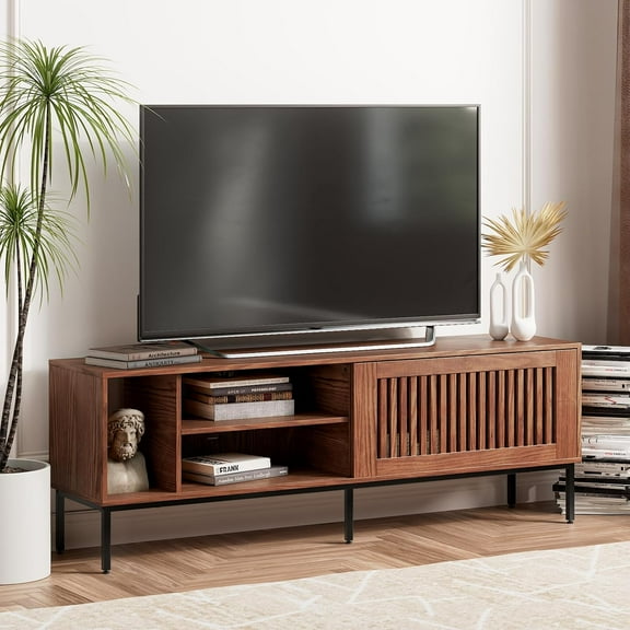 Farmhouse TV Stand for 65-70 Inch TVs with Sliding Barn Door, Metal Frame & Adjustable Shelves - Rustic Brown Entertainment Center Media Console
