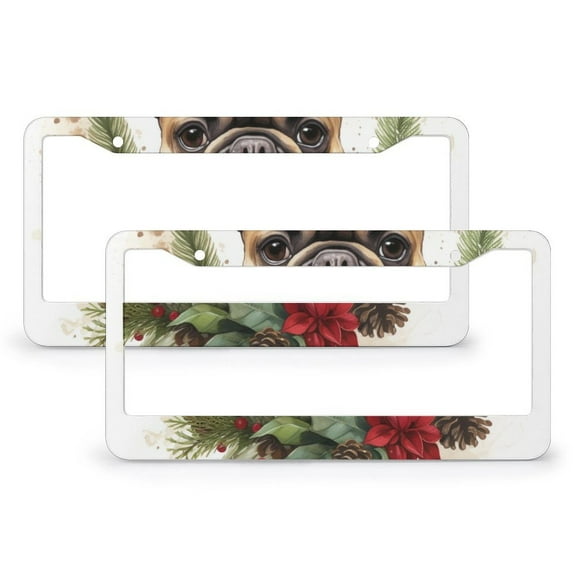 License Plate Frames French Bulldog With Christmas Wreath License Plate Frame License Plate Shield Frame 2 PCS Dog Lovers Quality Aluminum Metal License Plate Frame for Women Men