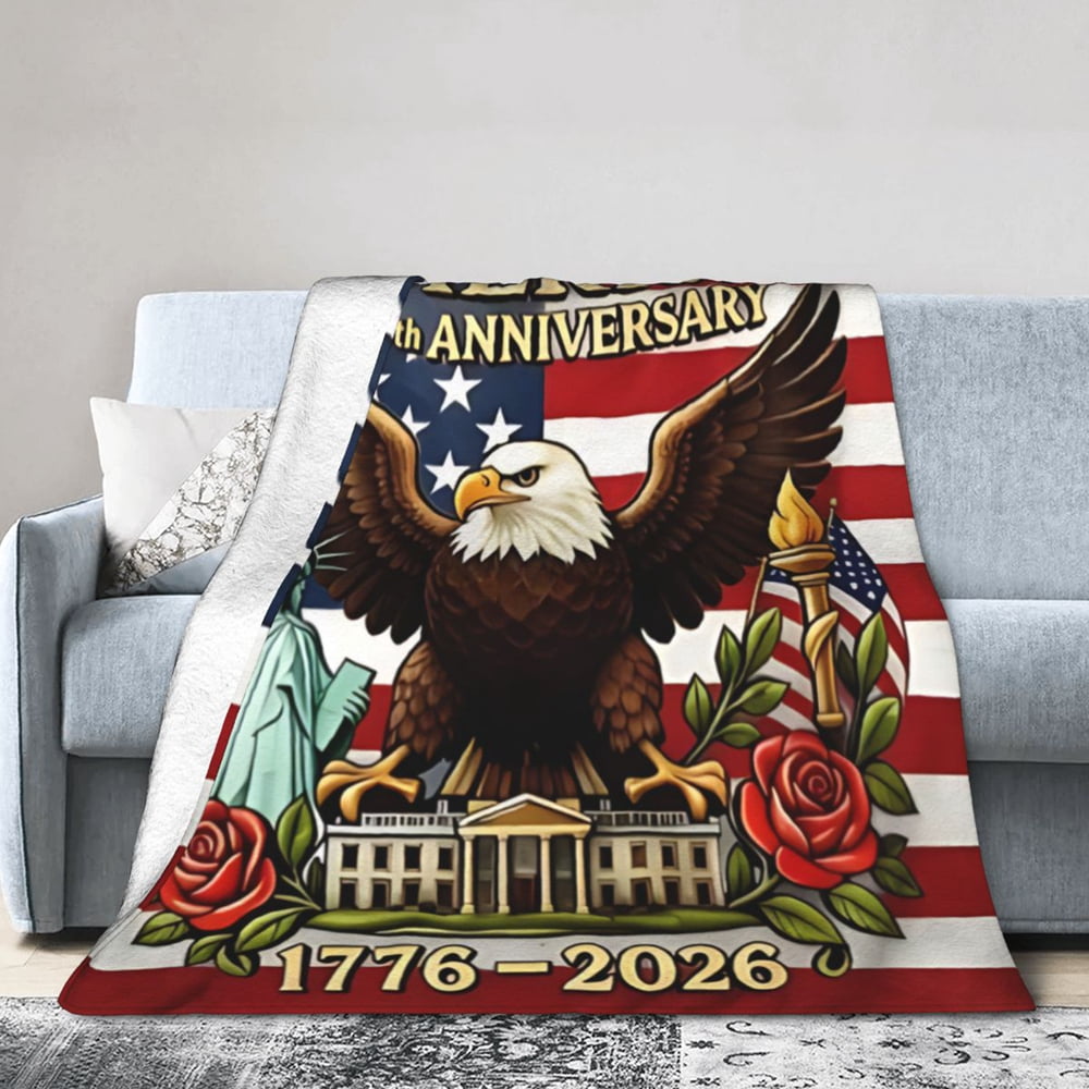 1776-2026 Patriotic Flannel Throw Blanket, America 250th Anniversary Eagle & Landmark Print for Gifting