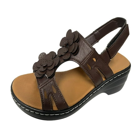 

dmqupv Womens Sandals Wide Sandals for Women Ladies Summer Fashion Multicolor Flower Round Toe Womens Low Heel Sandals Size 8 Coffee 6.5