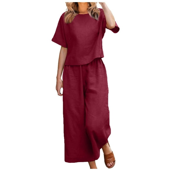 XuJwPNcy Women's 2 Piece Outfits Trendy Travel Vacation Sets Cotton Linen Short Sleeve Tops Wide Leg Pants Lounge Sets
