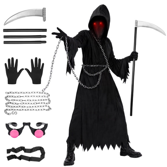 Alaiyaky Grim Reaper Costume, Halloween Scary Grim Reaper Fancy Dress with Scythe Glowing Glasses, Grim Reaper Costume Scary Halloween Costume
