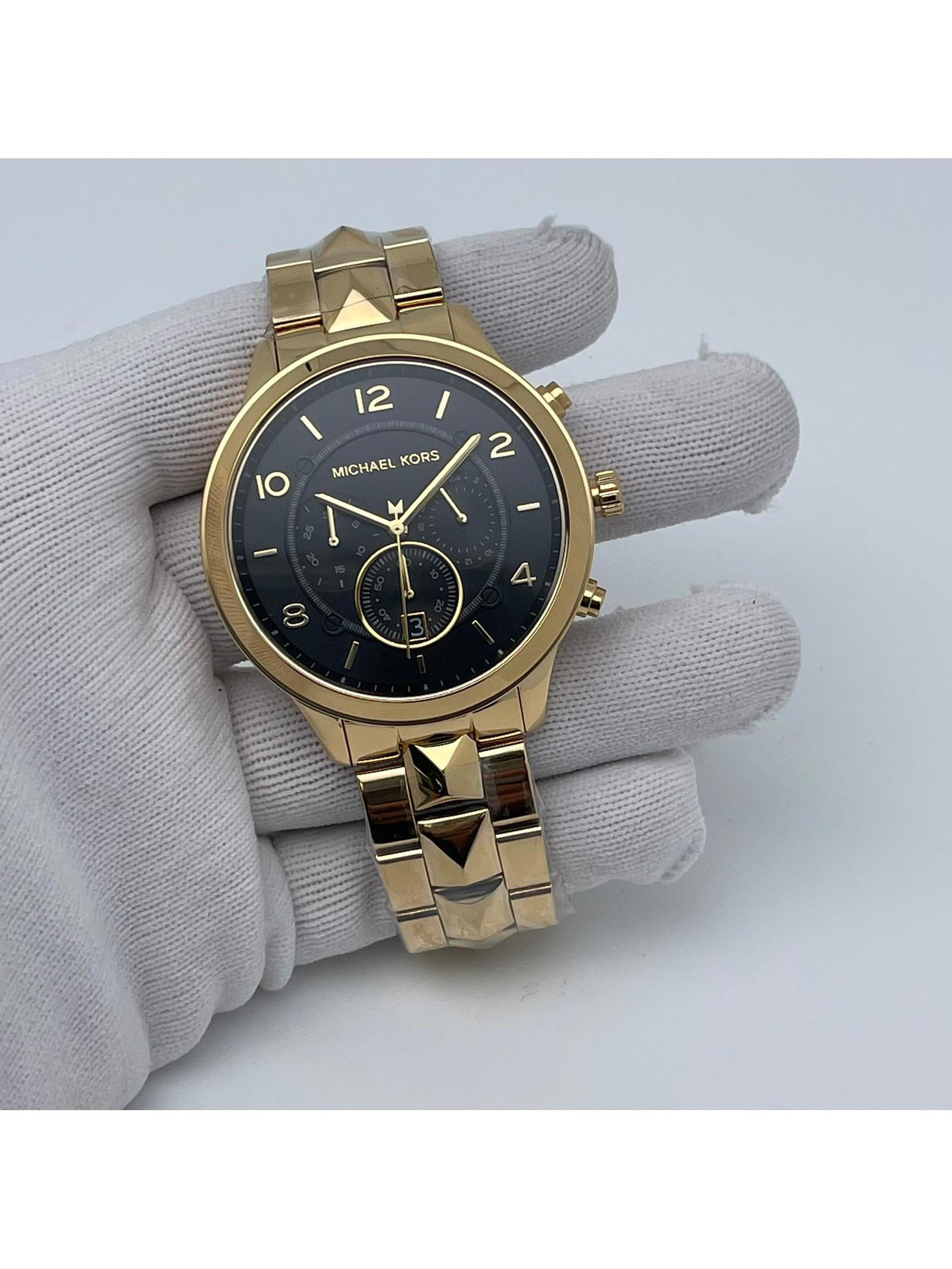 New Michael Kors Runway Mercer Steel Gold-Tone Black Dial Quartz